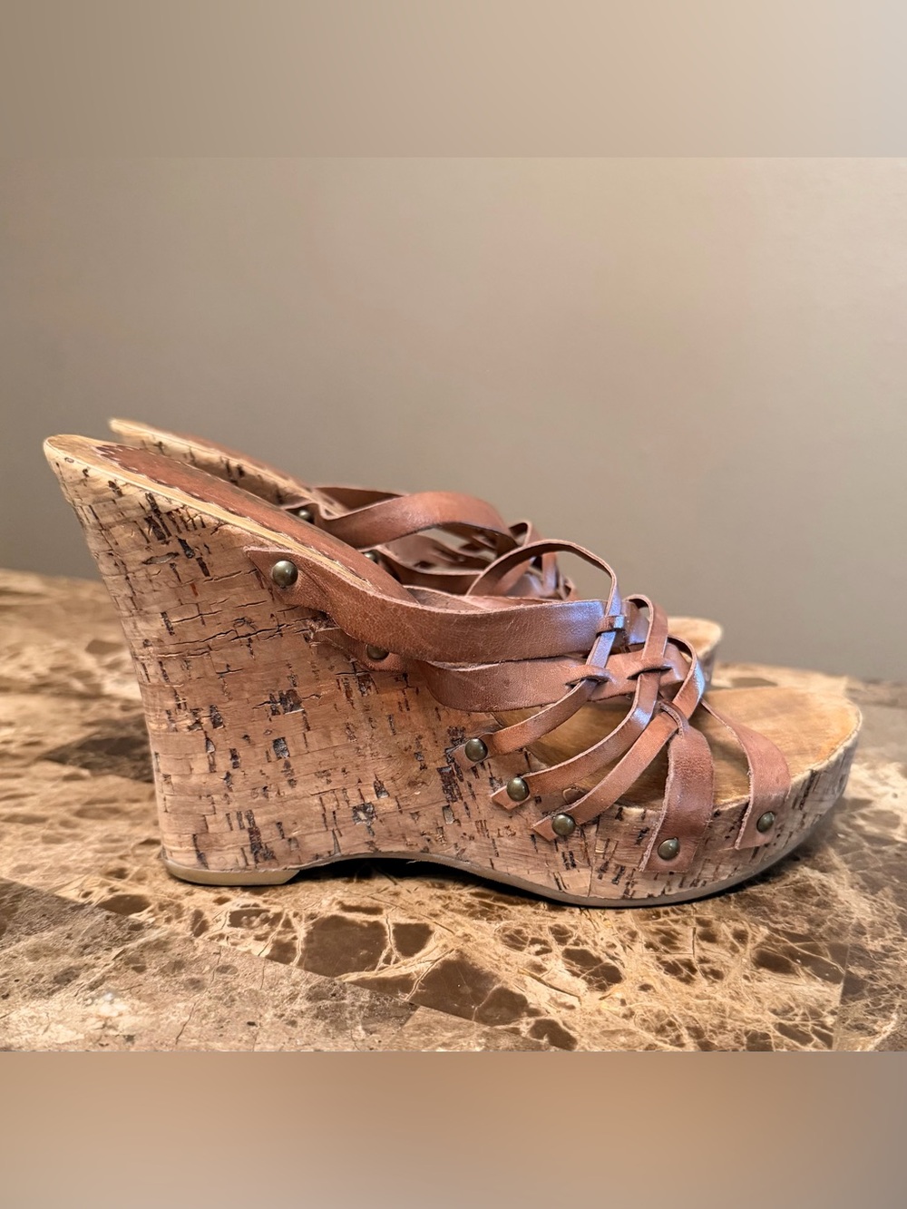 Y2K Tribecca Kenneth Cole Brown Strappy Cork Wedge Platform Sandals